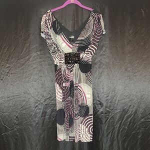 Bisou Bisou Black, White & Purple Abstract Print Midi Dress